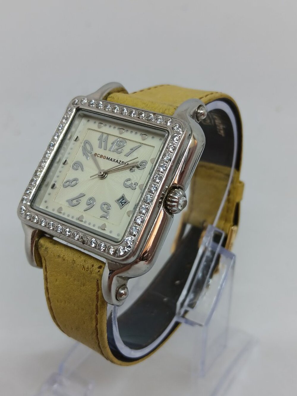 BCBGMAXAZRIA BG6040 Women's 34mm Crystal Bezel S/Steel Square Watch NEW BATTERY